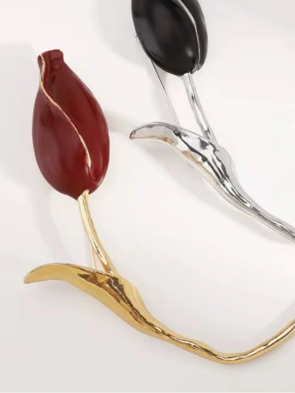 Gold Tulip Brooch with Deep Red Enamel Petal PIN